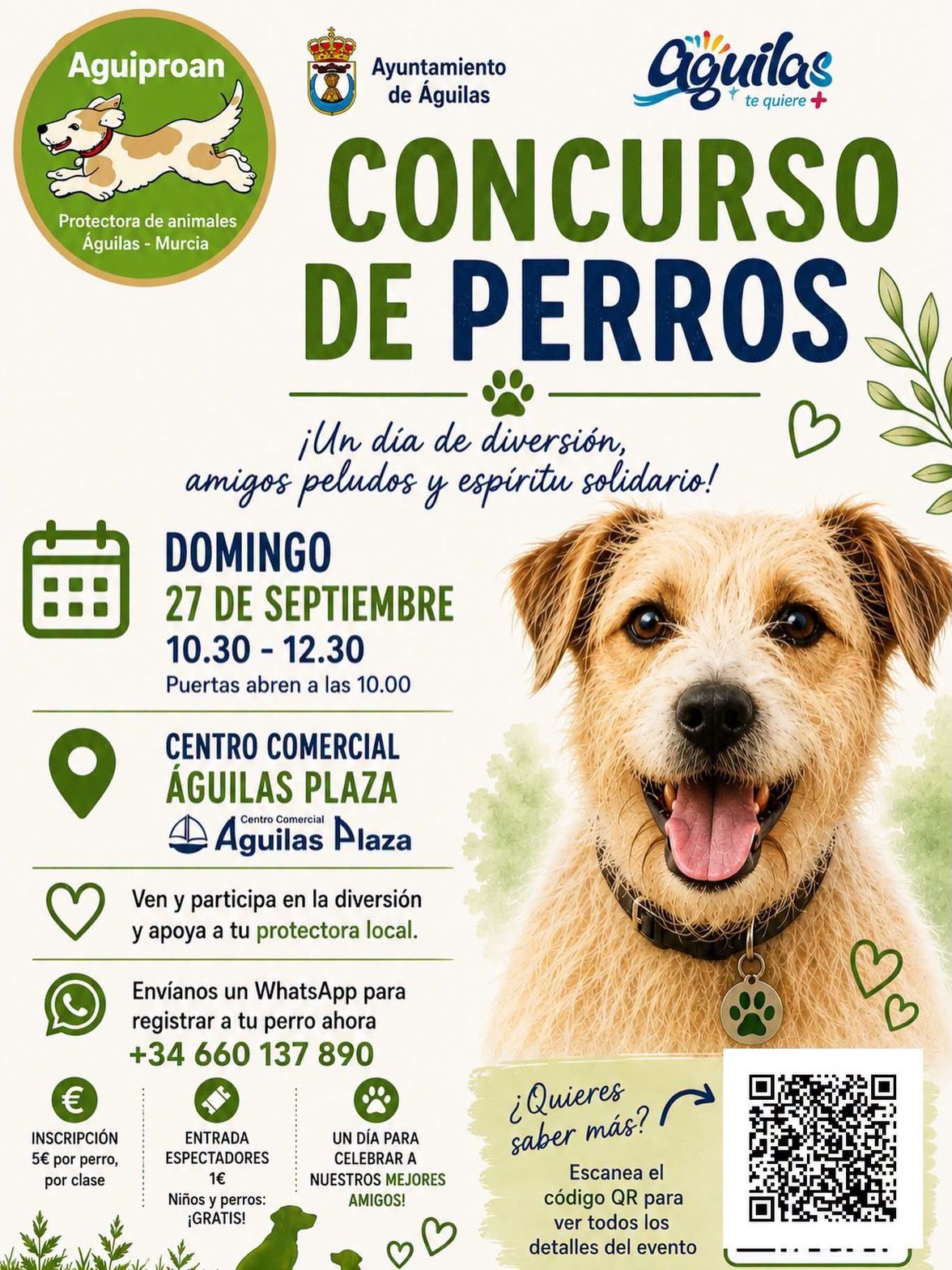Cartel oficial del Concurso de Perros de Aguiproan, con fecha, horario, lugar, precios y contacto de WhatsApp