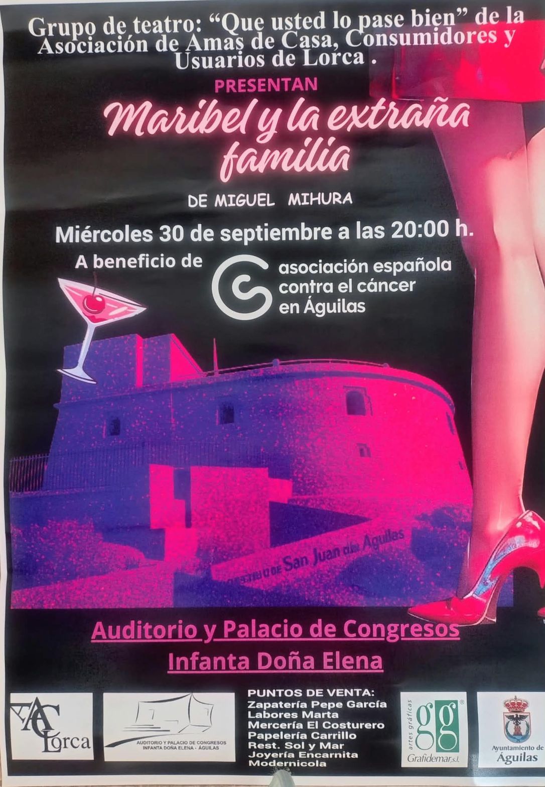 Cartel anunciador de la obra de teatro "Maribel y la extraña familia" con fecha, hora, lugar y puntos de venta de entradas